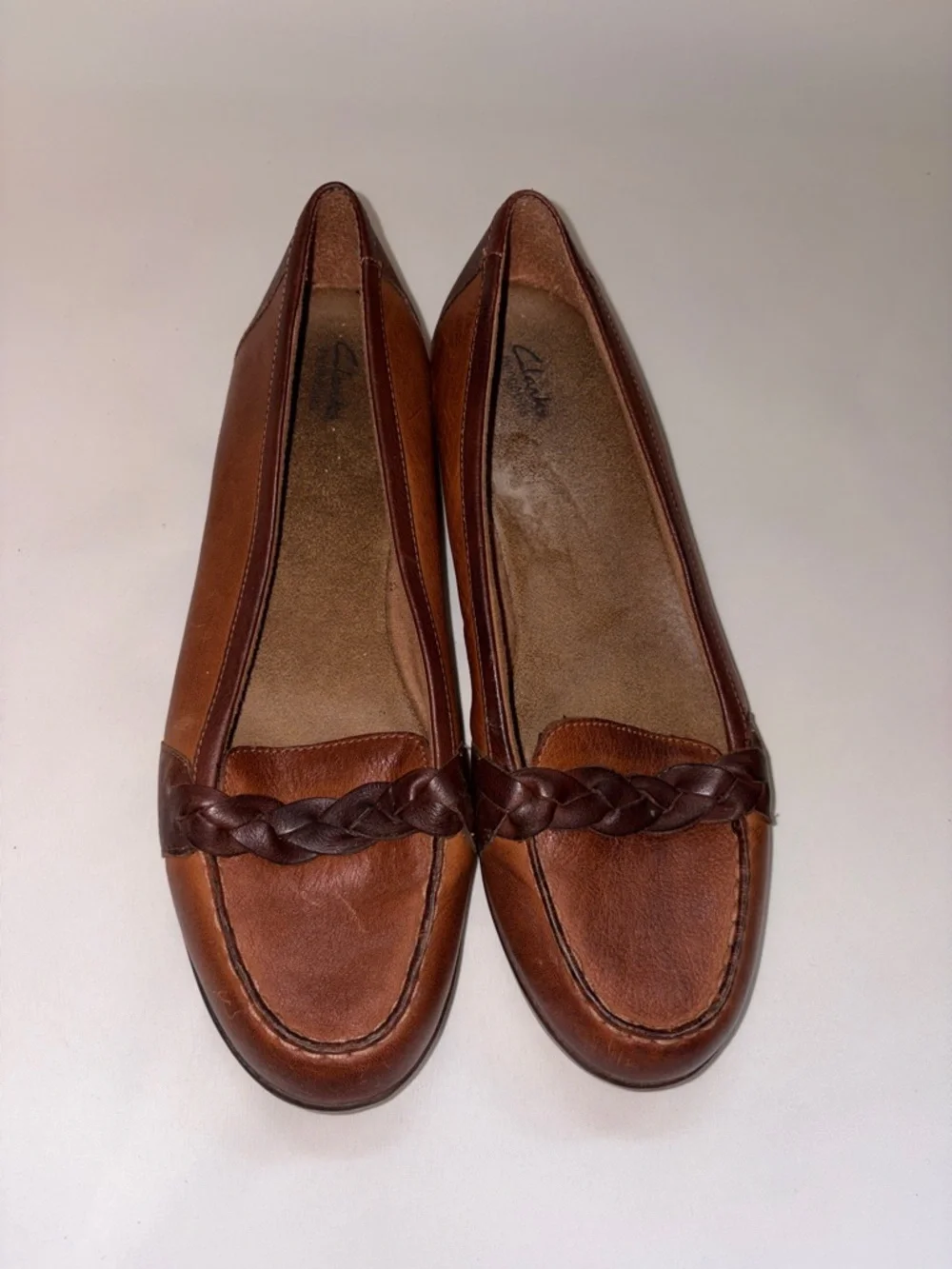 Clarks Two-Tone Brown Leather Braided Moccasin Flats Size 9.5